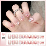 Qfdian  24pcs Bowknots Love Heart Pattern Press On Nails Cute Fresh Short Round French Style False Nails Korean Sweet Wearable Fake Nail