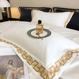 Qfdian 1000TC Egyptian Cotton Luxury Gold Embroidery Bedding Set Black Khaki Patchwork Duvet Cover Bed Sheet Fitted Sheet Pillowcases