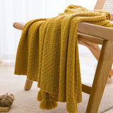 Qfdian  Nordic Blankets for Bed Sofa Couch Chunky Knit Bedspread Knitted Throw Blanket with Tassel Plain Color Waffle Embossed Blanket