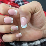 Qfdian  24Pcs Short Square Nude French Tip Press On Nails Set Reusable Acrylic Full Cover Fake Nail with Glue for Women&Girls Decoration
