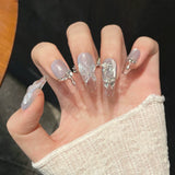 Qfdian  10Pcs Cat Eye Handmade Press on Nails French Coffin Acrylic Nails Dreamy Mermaid Pearl False Nail Romantic Sweet Fake Nails Art