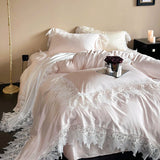 Qfdian Romantic Lace Princess Wedding Bedding Set 1000TC Lyocell Cotton Soft Silky Duvet Cover Bed Sheet/Fitted Sheet Pillowcases 4Pcs