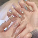 Qfdian 24Pcs Wearable Coffin Fake Nail Tips with Butterfly Camellia Designs Red Long Ballerina False Nails Press on Nails Art Manicure