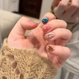 Qfdian  10Pcs Colorful Cat Eye Press on Nails Cute Polka Dots Fake Nails Simple Solid Color False Nails Short Square Glitter Nail Art
