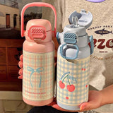 Qfdian  700ML Cute Bow Thermo Water Bottle For Girls Portable Handle 316 Double Drinking Outdoor Sports Straw Vacuum Thermal Bottle Gift