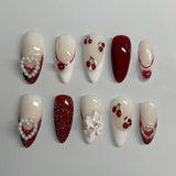 Qfdian 24pcs Wearable False Nail Strawberry Bow Design Nails Tips Red Short Almond Pearl Starlight Fake Nail Art Flower Press on Nails
