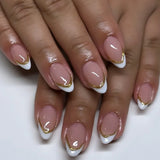 Qfdian 24Pcs Golden French Fake Nail with Almond Head Design Simple Oval False Nails Wearable Press on Nails Full Cover Nail Tips