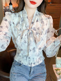Qfdian  Floral Printed Blosue Women Office Ladies Bow Short Shirts Office Ladies Long Sleeve Elastic Waist Casual Chiffon Blouse Tops