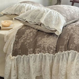 Qfdian 4Pcs Vintage French Floral Printing Lace Ruffles Bedding Set 100% Cotton Duvet Cover Flat/Fitted Sheet Pillowcases Home Textile