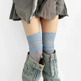 Qfdian 2025 Women Flower Lace Fishnet Thigh High Stockings Japanese Style JK Girl Sweet Lace Trim Frilly Over Knee Long Socks