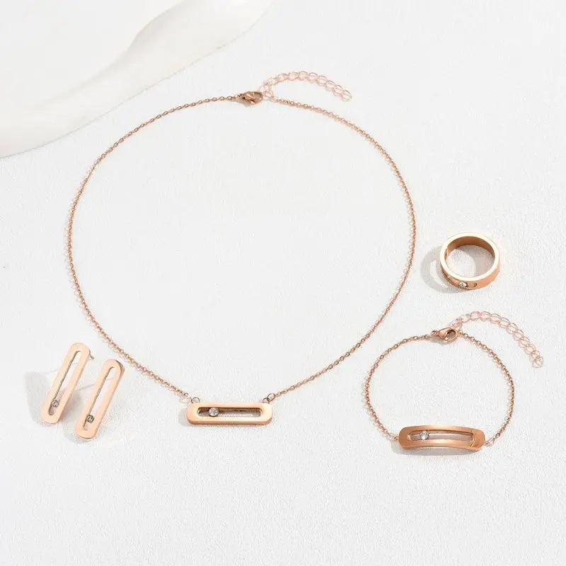 Thin Link Train Geometric Necklace Earring Ring Bracelet Jewelry Set Gold Plated Crystal Stone Jewelry Gift Set