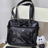 Qfdian Japanese Jk Girls Kawaii Cute Bow Ita Bags Pu Leather Fashion Women Transparent Underarm Bag Sweet Y2k Vintage Shoulder Handbags