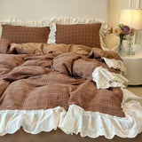 Qfdian  Plaid Bedding Set Vintage Lace Ruffles Duvet Cover Set Flat Sheets Set 2 Pillowcases Single Twin Full Queen Size Bed Set 3/4Pcs