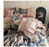 Qfdian Vintage Rose Oil Painting Style Ruffles Egyptian Cotton Bedding Set Duvet Cover Bed Sheet/Bed Skirt/Fitted Sheet Pillowcase 4Pcs