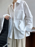 Qfdian  Elegant Commute White Shirts Long Sleeve Korean Fashion Women Turn-Down Collar Loose Casual Blue Shirts Pocket Tops Blouses