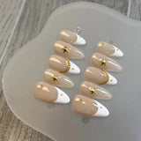 Qfdian Handmade Almond Press On Nail Reusable French Fake Nails Rhinestone Full Cover Artificial Manicuree Wearable Nail Tips Art