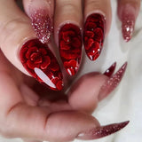 Qfdian 24Pcs Short Round Head False Nails Glitter Pink Almond Fake Nails Strawberry Full Cover Press on Nails Wearable Nail Tips