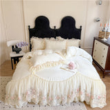 Qfdian  4Pcs Princess Wedding Bedding Set Korean Style Lace Flowers Embroidery Duvet Cover Bed Sheet/Fitted Sheet/Bed Skirt Pillowcases