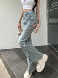 Qfdian  Korean Streetwear Casual Wide Leg Trousers Y2K Vintage High Waist Flare Jeans Women Fashion Bandage Slit Slim Denim Pants Summer