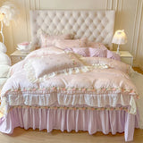 Qfdian 4Pcs Pure Cotton French Flowers Lace Ruffles Princess Wedding Bedding Set Duvet Cover Quilted Bedspread Bed Skirt Pillowcases