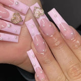 Qfdian 24Pcs Extra Long Square Fake Nail with Glue 3D Little Bear Bow Design False Nails White French Press on Nails Wearable Manicure