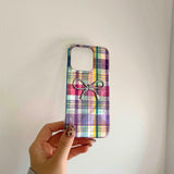 Qfdian Ins colorful autume winter check cover for iphone 13 16 15promax 16pro 14pro 15 pro max 12 14 3d plating bowknot phone case