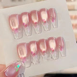 Qfdian  10Pcs Cat Eye Handmade Coffin Press on Nails Sweet Cute Flower Fake Nails Full Cover Dreamy Shiny Ballet False Nails Pink Nail
