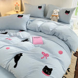 Qfdian Korean Style Pink Bedding Set Black Cat Embroidery Washed Cotton  Duvet Cover Cute Cardboard  Bed linen Comforter Sets