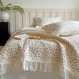 Qfdian 3/5Pcs Rose Floral Print Lace Ruffles Quilted Bedspread, Bed Cover, Mattress Topper Coverlet, Bed Sheet, With Pillowcases