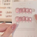 Qfdian  10Pcs Cat Eye Handmade Coffin Press on Nails Sweet Cute Flower Fake Nails Full Cover Dreamy Shiny Ballet False Nails Pink Nail