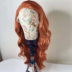 Qfdian 13X4 Lace Front Ginger Orange Wigs for Women Synthetic Frontal Wig Glueless Loose Curly Wavy Hair Daily Party Cosplay