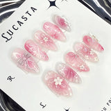 Qfdian 24pcs Wearable False Nail Strawberry Bow Design Nails Tips Red Short Almond Pearl Starlight Fake Nail Art Flower Press on Nails