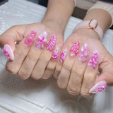 Qfdian 24pcs Mid-length Almond Press on Nails Sets Wearable Gradient Pink Flower Pearl Design False Nail French Fake Nail Finished Tips