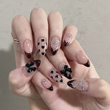 Qfdian  24pcs Light Coffee French Style Press On Nails Leopard Print Almond Spicy Girl Fake Nails With Bowknots Pearl Decor False Nail