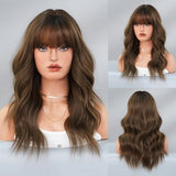 Qfdian  Long Wavy Brown Wig for Women Daily Cosplay Party Overhead Dyeing Wavy Wigs Synthetic Wigs Heat Resistant Wig With Bang