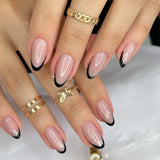 Qfdian 24Pcs Golden French Fake Nail with Almond Head Design Simple Oval False Nails Wearable Press on Nails Full Cover Nail Tips