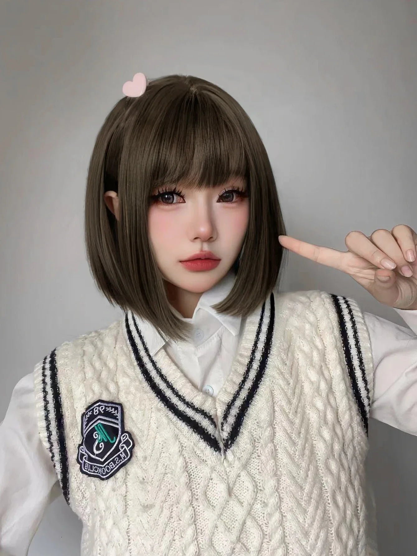 Qfdian 12Inch Lolita Tea Brown Preppy Style Synthetic Wigs With Bang Short Natural Straight Hair Wig For Women Daily Use Heat Resistant