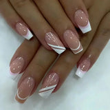 Qfdian 24Pcs Nude White French Fake Nail Short Square Nail Tips Fashion Wearable False Nails with Glue Simple Full Cover Press on Nails
