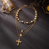 Qfdian  Y2K Choker Necklace Multilayer Chain with Love Heart Jesus Cross Pendant Rhinestone Pearl Y2K Jewelry for Women Birthday Gift