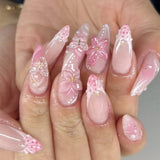 Qfdian  24Pcs Mid-length 3D Flowers Design Fingertips Sweet Butterfly Yellow Ripple Almond False Nails Detachable Full Cover Press Ons