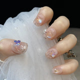 Qfdian  10Pcs Short Square Handmade Press on Nails Butterfly Pearl Fake Nails Rhinestone Grid False Nails Wearable Manicure Acrylic Nail
