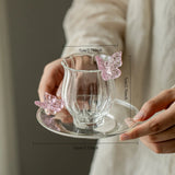Qfdian  Three-dimensional Butterfly Cup&saucer Simple Glass Cup Creative Handmade  Coffee Cup Dish Set Afternoon Tea Cup Plates Gifts