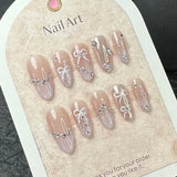 10Pcs Pink Handmade Press on Nails Full Cover Bow Tie Rhinestone Design French Fake Nails Wearable Manicure Nail Tips Art