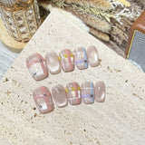 Qfdian  10pcs Colorful Plaid Press on Nails Shiny Cat Eye False Nails Silver Star Nail Cute Sweet Short Square Press on Nails for Girl