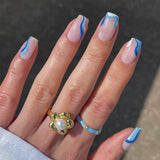 Qfdian  24pcs White Blue Press on Nails Short Square False Nails Wave Simple Lines Stick on Nails Colorful French Fake Nail Summer Fresh