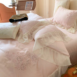 Qfdian 4Pcs Flowers Embroidery Lace Ruffles Princess Wedding Bedding Set Egyptian Cotton Duvet Cover Bed Sheet/Fitted Sheet Pillowcases