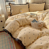 Qfdian  French Lace Bedding Sets New Ruffle Lace Bow Quilt Cover Romantic Bedclothes Decor Woman Girls Bedroom Duvet Cover 4pcs