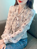 Qfdian  Floral Printed Blosue Women Office Ladies Bow Short Shirts Office Ladies Long Sleeve Elastic Waist Casual Chiffon Blouse Tops