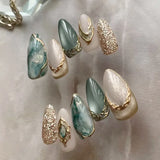 Qfdian 24Pcs 3D Green Ripple Design False Nails Cat's Eye French Almond Fake Nail Tips Leaves Pattern Removable Oval Press on Nails