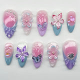 Qfdian  24pcs Red Cat Eye Press on Nails Pearl Heart Stick on Nails Bow French Fake Nails Sweet Cute Flower Nail Almond 3D False Nail